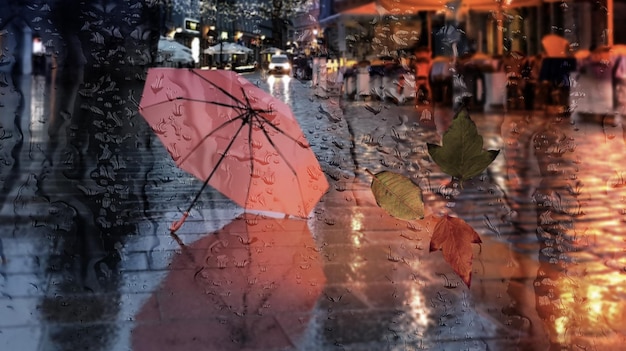 Foto folhas amarelas carro da cidade chuvoso semáforos de rua guarda-chuva turva no asfalto clima frio