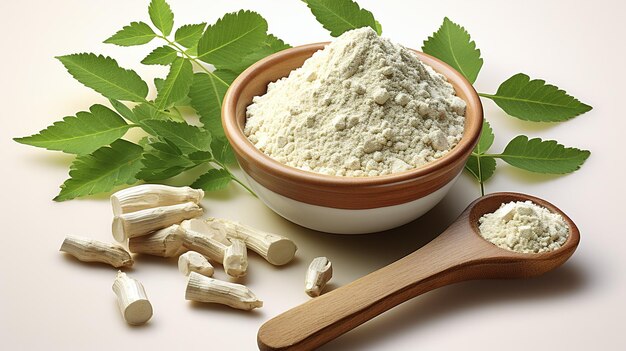 Folhas botânicas de moringa e pó de medicina de saúde natural fundo branco Gerar IA