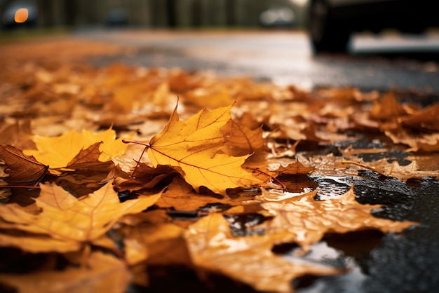 Folhas caídas no asfalto molhado no outono
