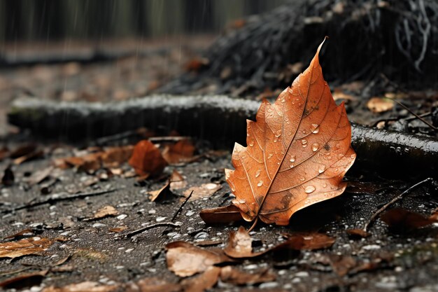 Foto folhas caídas no chão na chuva profundidade superficial do campo