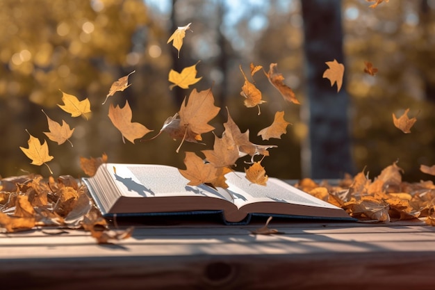 Folhas caindo e livros Abra o livro no banco de madeira no parque outono