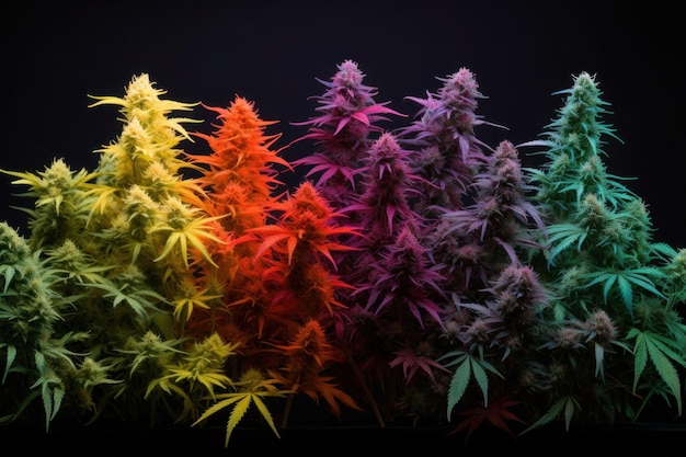 Folhas coloridas de cannabis em fundo escuro Diferentes tipos de maconha medicinal