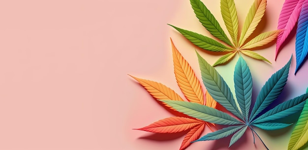 Folhas coloridas de cannabis em fundo rosa pastel Generative AI