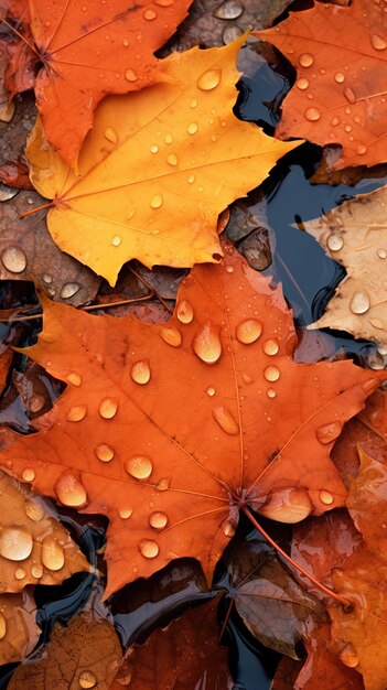Folhas coloridas de outono cobertas de gotas de água com gás no chão de uma floresta orvalhada, uma bela vista da natureza