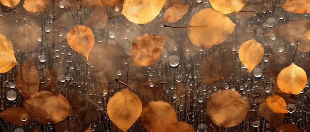 Folhas coloridas de outono cobertas de gotas de água com gás no chão de uma floresta orvalhada, uma bela vista da natureza