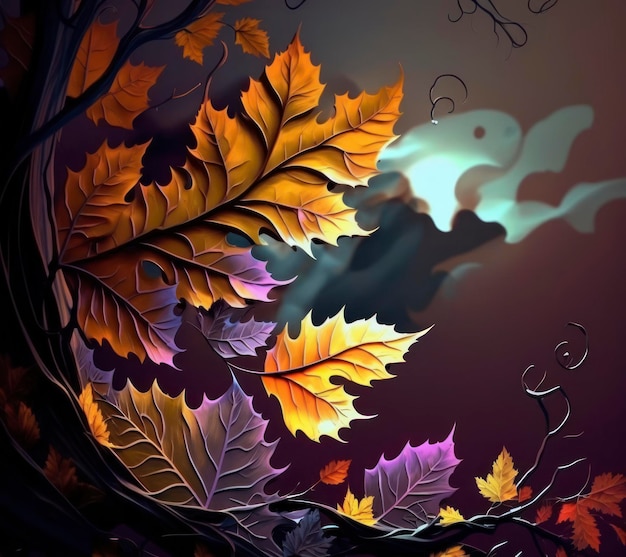 folhas coloridas de outono e céus no estilo de animações coloridas em cinza escuro e marrom escuro