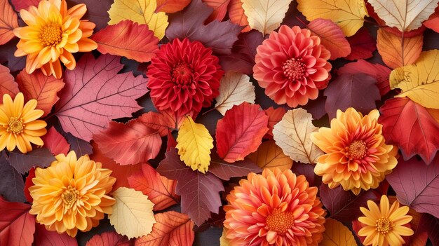 Folhas coloridas de outono e crisantemos em flor Imagem floral de outono