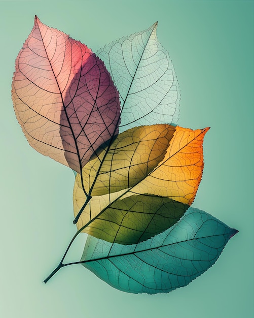Foto folhas coloridas em camadas sobre uma superfície verde