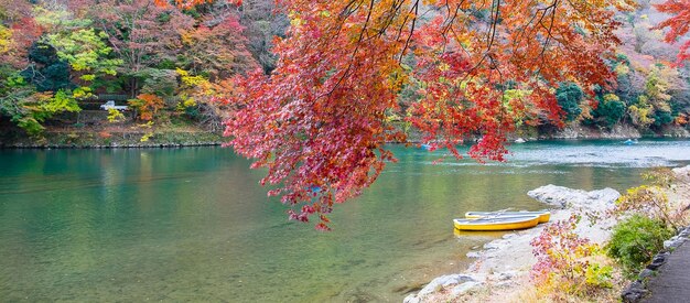 Foto folhas coloridas montanhas e rio katsura em arashiyama paisagem marco e popular para os turistas atrações em kyoto japão outono temporada de outono férias férias e turismo conceito