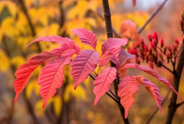 Folhas coloridas tremem ao vento na floresta de outono