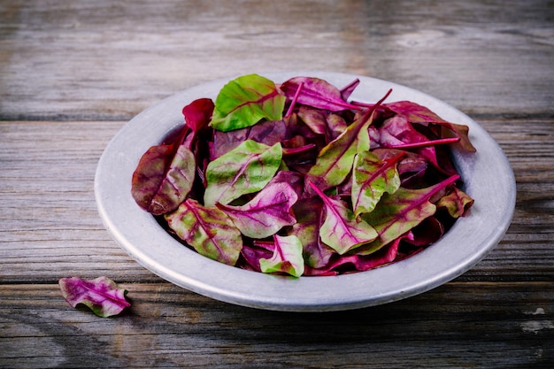 Folhas cruas orgânicas frescas de beterraba alface para salada em um fundo de madeira Foco seletivo