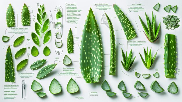 Foto folhas de aloe vera dissecadas em fundo branco com benefícios anotados banner científico para uso clínico e design