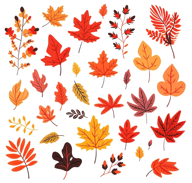 Folhas de árvore de outono vermelhas e amarelas em coleção de estilo de desenho animado isoladas em fundo branco Ilustração de IA generativa