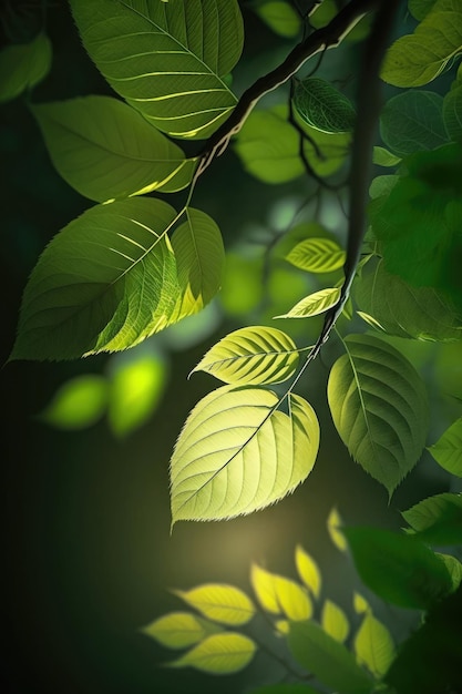 Folhas de árvores naturais verdes geradas por IA em fundo fresco de primavera