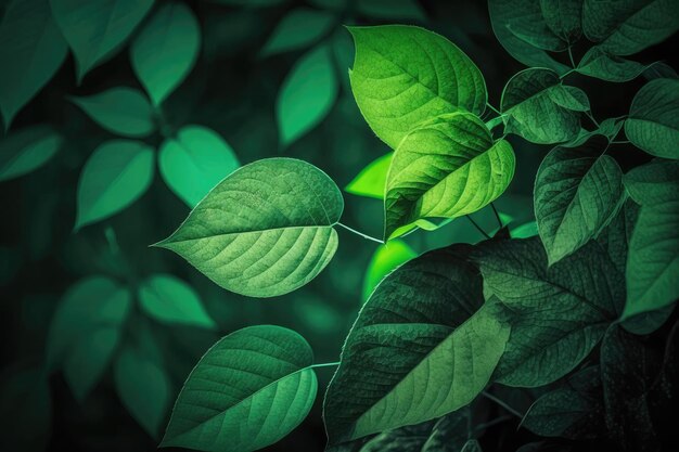 Folhas de árvores naturais verdes geradas por IA em fundo fresco de primavera
