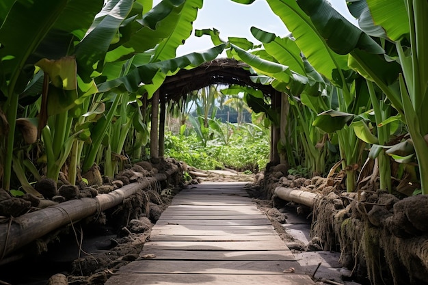 Foto folhas de banana com uma ponte rústica