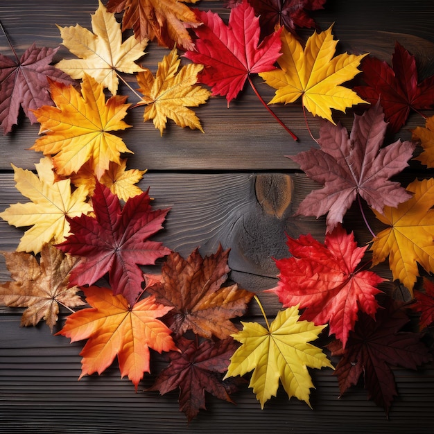 Folhas de bordo de outono amarelas e vermelhas estão em um círculo em um piso de madeira Generative AI