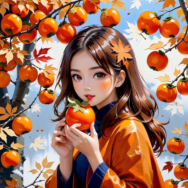 Foto folhas de bordo de outono menina comendo caqui tendência em pixiv fanbox paleta de pintura acrílica kn