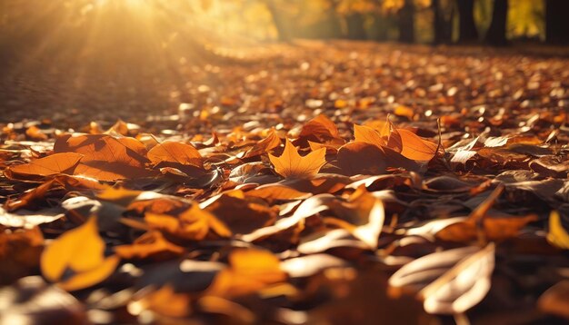 Folhas de bordo laranja no chão com um fundo desfocado com efeito bokeh