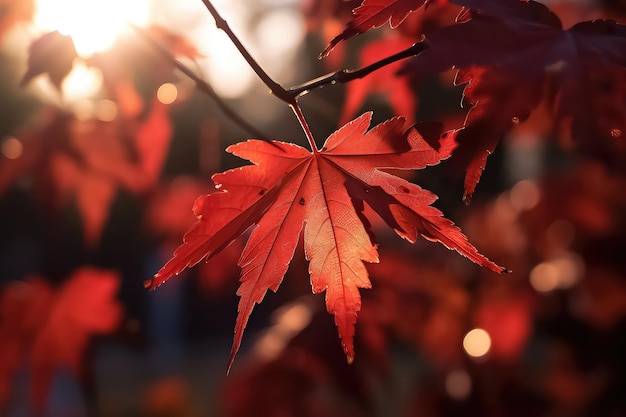 Folhas de bordo vermelhas no outono com sol e céu
