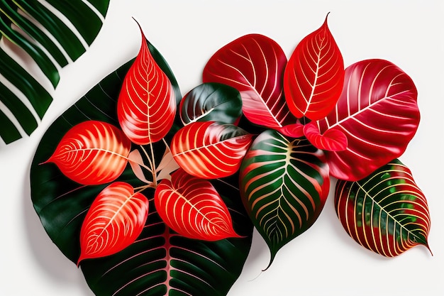 Folhas de caládio vermelho padrão ou orelha de elefante o arbusto de planta de folhagem tropical com le variado de fantasia