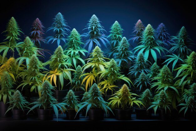 Folhas de cannabis coloridas em fundo escuro Diferentes tipos de maconha medicinal