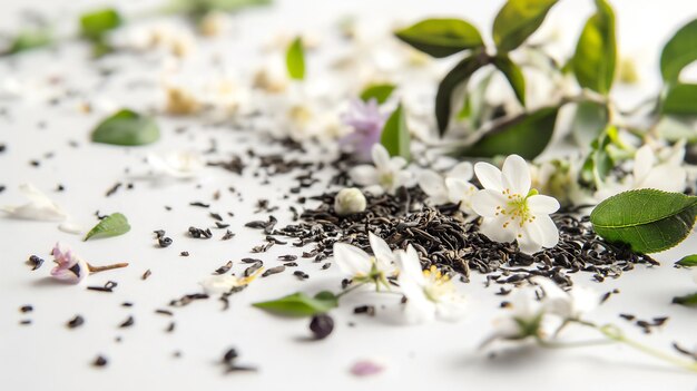 Foto folhas de chá espalhadas e flores brancas delicadas contra um fundo branco que simboliza a pureza