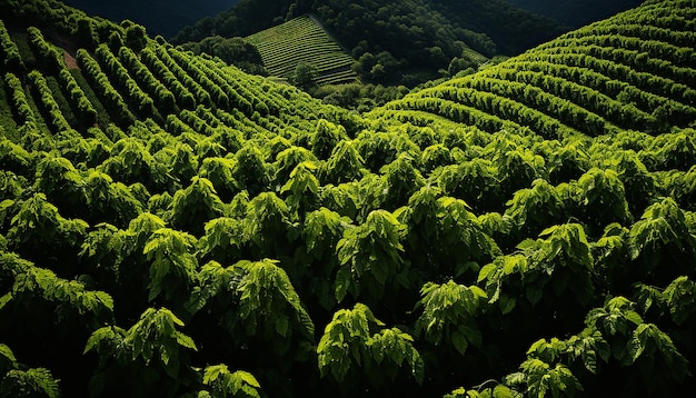 Foto folhas de chá verde frescas crescem numa paisagem montanhosa exuberante gerada pela ia