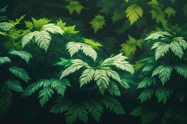 Folhas de diferentes plantas verdes em fundo preto criadas usando tecnologia generativa de IA