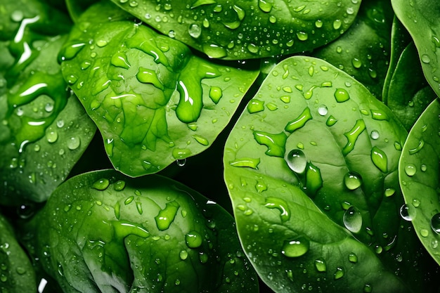 folhas de espinafre com gotículas de água em close-up