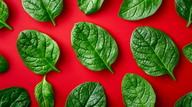 Foto folhas de espinafre verde fresco e vibrante em um fundo vermelho brilhante alimentação saudável alimentos ricos em nutrientes