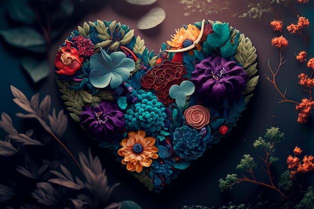 Folhas de flores brilhantes e fundo em forma de coração para o dia das mãesGenerative AI