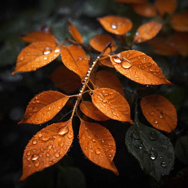 Folhas de laranja de verão Gotas de orvalho Posição escura