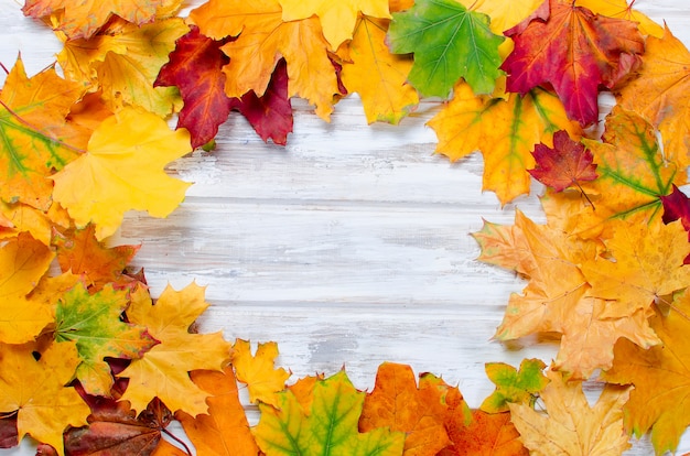 Folhas de maple outono colorido na mesa de madeira