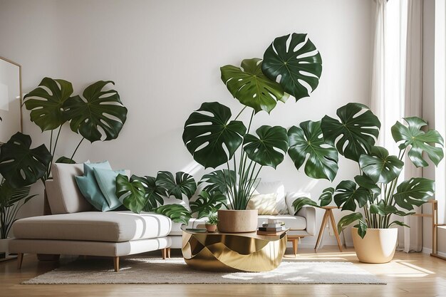 Foto folhas de monstera numa sala de estar