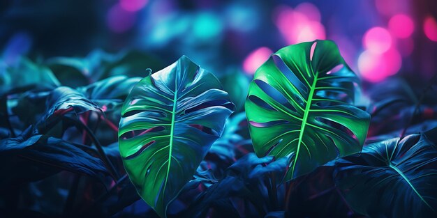 Foto folhas de monstera tropical em luz de néon fundo da natureza