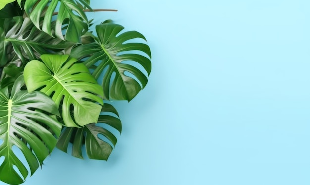 Folhas de monstera tropical em um fundo azul pastel com copyspace vazio conceito de folha verde da selva colocação plana criada com ferramentas de IA generativas