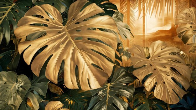 Foto folhas de monstera tropical pintadas de dourado