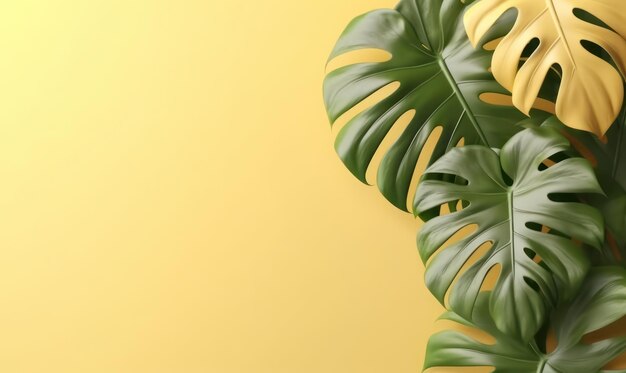 Folhas de monstera vibrantes em um fundo amarelo brilhante criando um ambiente tropical e um contraste de cores impressionante Criado com ferramentas generativas de IA