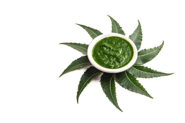 Folhas de neem medicinal com pasta em uma tigela sobre fundo branco.