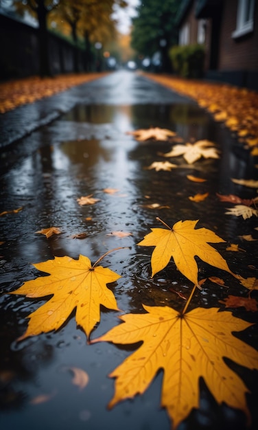 Folhas de outono a flutuar suavemente em poças cheias de chuva