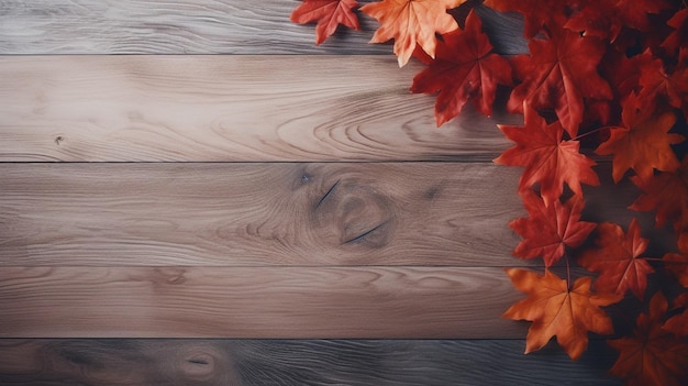 Folhas de outono coloridas brilhantes de IA generativa em fundo de madeira texturizado marrom Vista da mesa superior em