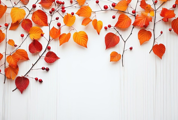 folhas de outono coloridas e frutas em fundo branco de madeira