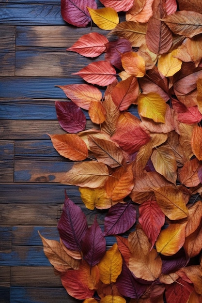 Folhas de outono coloridas espalhadas por uma superfície de madeira