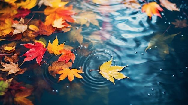 Folhas de outono coloridas flutuando no lago de outono