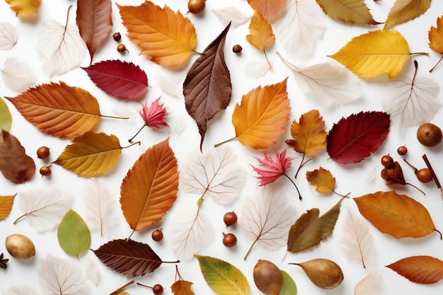 Folhas de outono coloridas na vista superior do fundo branco Temporada de outono