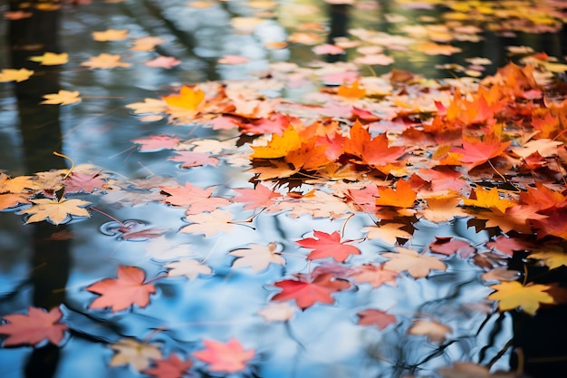 Folhas de outono coloridas refletidas num lago