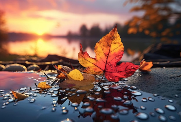 folhas de outono com fundo de pôr-do-sol colorido
