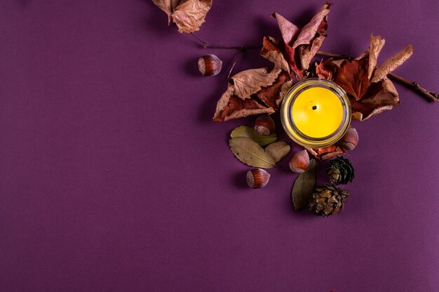 Folhas de outono douradas e vela de cima na cor de fundo. copie o espaço para o texto. outono categoricamente. flatlay de outono. folhas de outono e nozes.