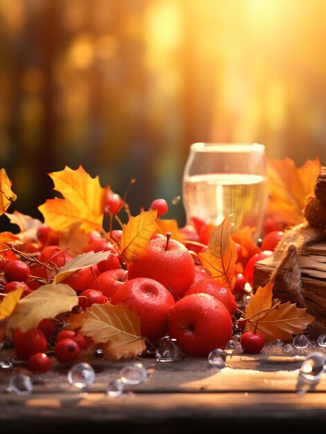 Foto folhas de outono e frutas em uma mesa